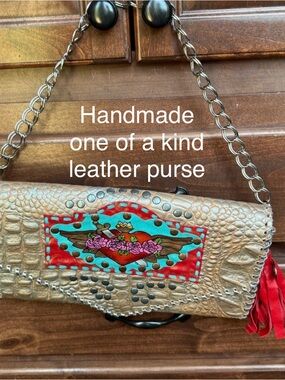 Handmade Beige Leather Clutch with Turquoise & Red Accent